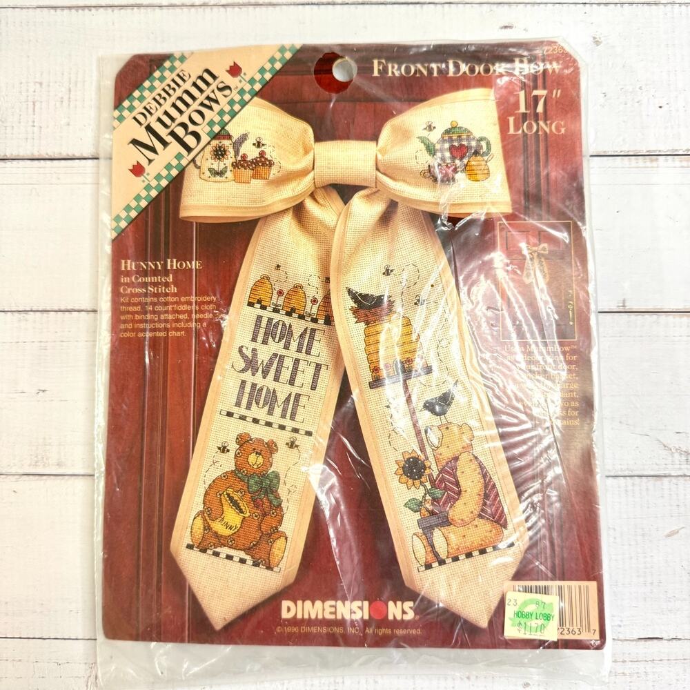 Vtg NOS Debbie Mumm Hunny Home 17” Front Door Bow Cross Stitch Kit Bears 72363